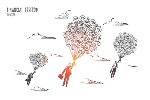 Financial freedom concept. Hand drawn businessmen flying with a lot of dollars. Money gives fill of freedom isolated vector illustration.