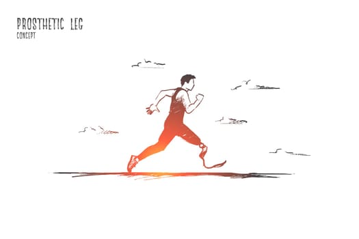 Prosthesis concept. Hand drawn man running with prosthesis. Disabled sportsman runs isolated vector illustration.