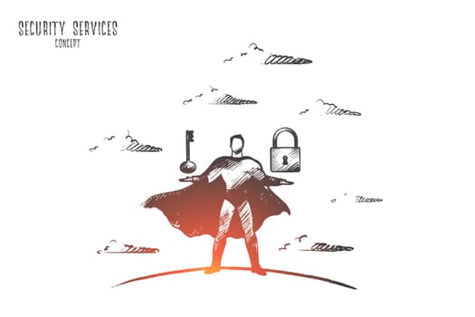 Security services concept. Hand drawn superhero with key and lock in hands. Symbol of protection isolated vector illustration.