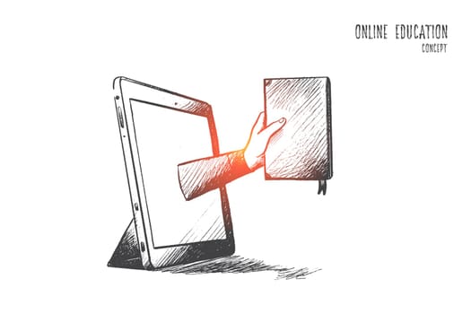 Online education concept. Hand drawn screen of tablet with book. Symbol of e-learning isolated vector illustration.