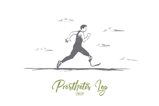 Prosthesis concept. Hand drawn man running with prosthesis. Disabled sportsman runs isolated vector illustration.