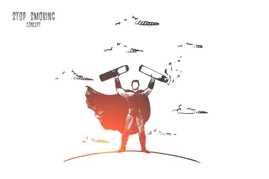 Stop smoking concept. Hand drawn superhero broking cigarette. Stop unhealthy habits isolated vector illustration.