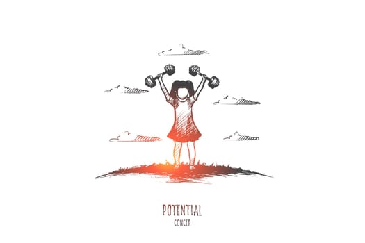 Potential concept. Hand drawn girl with barbells as symbol of high potential. Motivation to achievement isolated vector illustration.