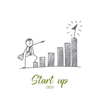 Vector hand drawn Start up concept sketch. Businessman standing at the beginning of his project and looking forward to its success