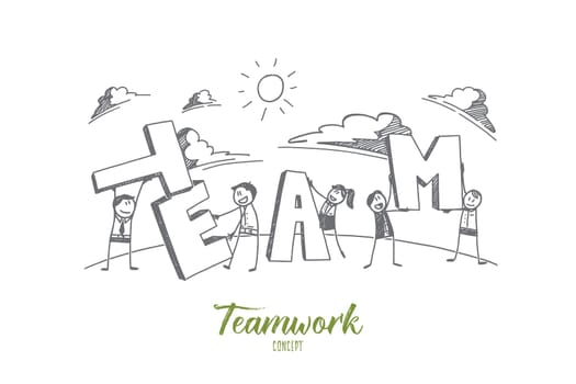 Vector hand drawn teamwork concept sketch with people holding together letters of the word team outdoors and lettering