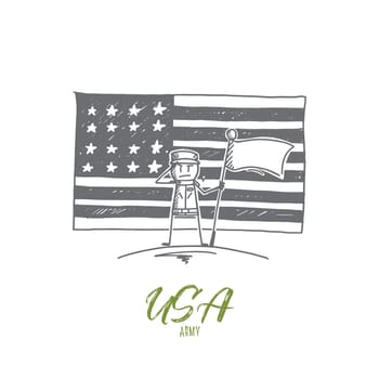 Vector hand drawn USA Army concept sketch. Soldier standing with flag and salutting, american flag at background