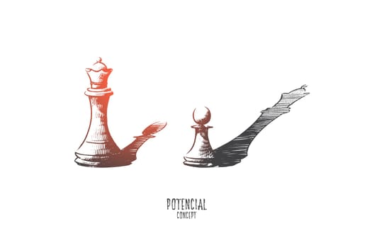 Potential concept. Hand drawn pawn chess figure with shadow as queen. Capabilities for growth isolated vector illustration.