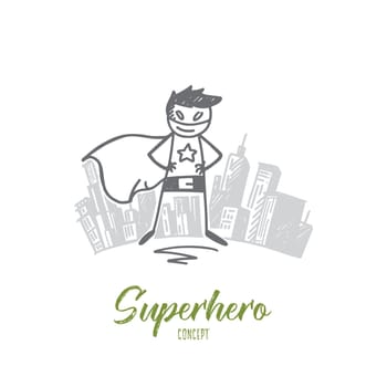 Vector hand drawn Superhero concept sketch. Superman standing in special costume, big city at background