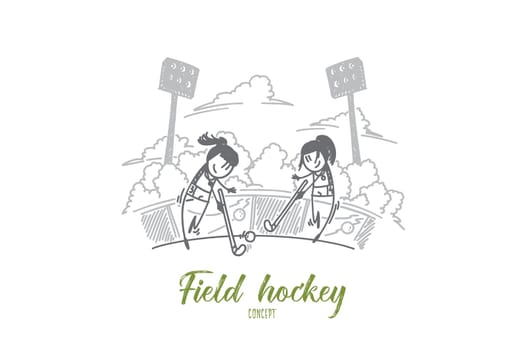 Field hockey concept. Hand drawn two female hockey players. Field hockey competition between women isolated vector illustration.