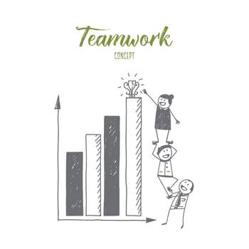 Vector hand drawn teamwork concept sketch with group of three people holding each other on hands in order to get to the top and take the first prize.