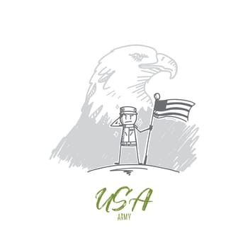 Vector hand drawn USA Army concept sketch. Soldier standing with flag and salutting, bird american symbol at background