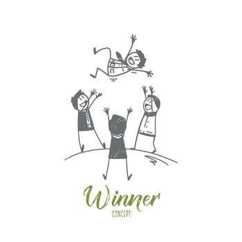 Vector hand drawn Winner concept sketch. Three people tossing winner on hands to the air