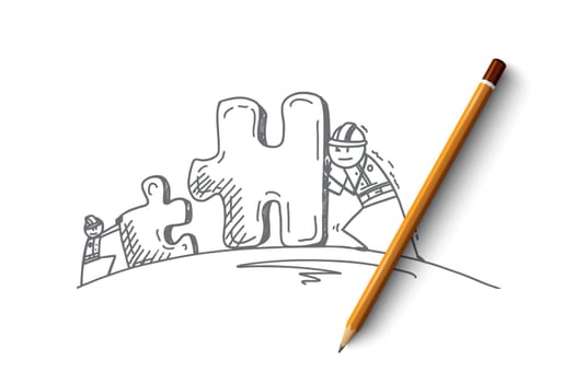 Vector hand drawn teamwork concept sketch with people moving pieces of puzzle towards each other to meet and pencil over the sketch