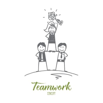 Vector hand drawn teamwork concept sketch with three smiling people forming pyramid and showing the first prize