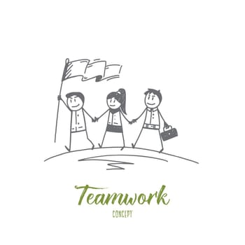Vector hand drawn teamwork concept sketch with group of three people going forward with flag and holding their hands