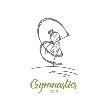 Gymnastics concept. Hand drawn young girl doing gymnastics with ribbon. Happy female athlete doing gymnast exercises isolated vector illustration.