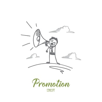 Promotion concept. Hand drawn man using megaphone yelling. Person promoting isolated vector illustration.
