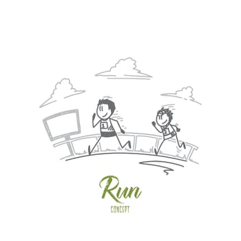Runconcept. Hand drawn two runners sprinting outdoors. Marathon runners isolated vector illustration.