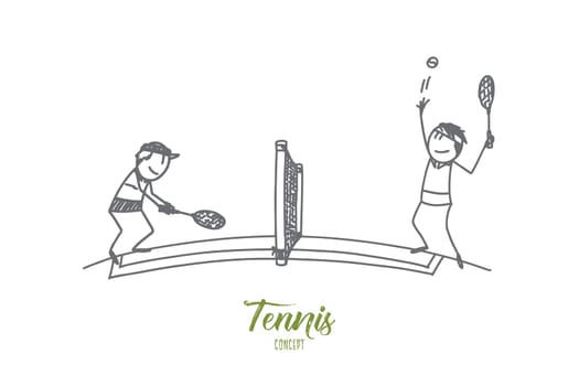 Tennis concept. Hand drawn portrait of two male athletes playing tennis at court. Sportsmen with rockets and ball isolated vector illustration.