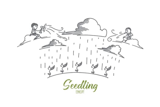 Seedling concept. Hand drawn plant sprouts in the field and farmer is watering it. Care for seedlings isolated vector illustration.