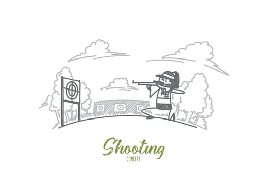Shooting concept. Hand drawn man firing at target in indoor shooting range. isolated vector illustration.
