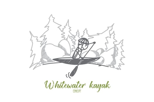 Whitewater kayak concept. Hand drawn whitewater kayaker braces in fast moving water on the river. Kayaking extreme isolated vector illustration.