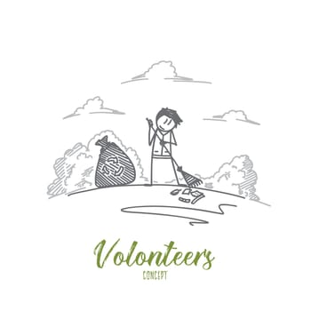Volunteers concept. Hand drawn person doing volunteers work at park. Volunteer removes garbage in the park isolated vector illustration.