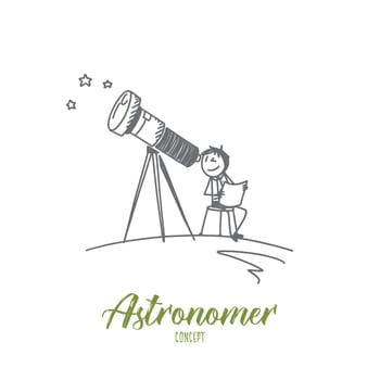 Astronomer concept. Hand drawn person with telescope watching the stars. Astronomer isolated vector illustration.