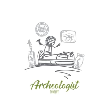 Archeologist concept. Hand drawn job of archeologist. Archaeology work isolated vector illustration.