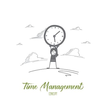 Time management concept. Hand drawn woman holding clock. Portrait of female person with big clock isolated vector illustration.