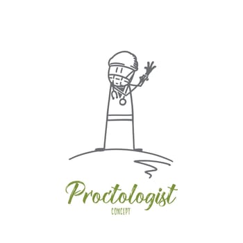 Proctologist concept. Hand drawn doctor pulling on medical gloves. Proctologist waiting for patient isolated vector illustration.