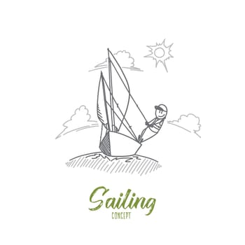 Sailing concept. Hand drawn man sailing with sails out on a sunny day. Sailing boat moving in a sea isolated vector illustration.