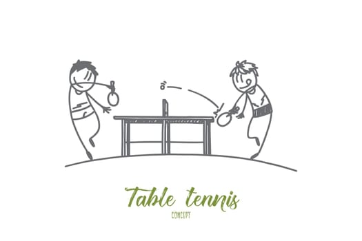 Table tennis concept. Hand drawn portrait of two male athletes playing table tennis. Sportsmen with rockets isolated vector illustration.