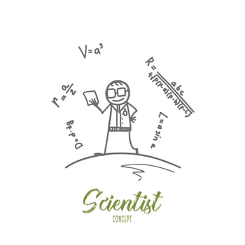 Scientist concept. Hand drawn smiling scientist leaning mathematical formulas. Person in glasses isolated vector illustration.