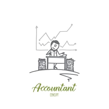 Accountant concept. Hand drawn job of accountant. Person accounting at office isolated vector illustration.