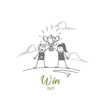 Win concept. Hand drawn two persons holding cup. Happy winners man and woman isolated vector illustration.