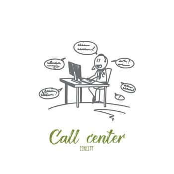 Call center concept. Hand drawn working process in call center. Worker answering calls in office isolated vector illustration.