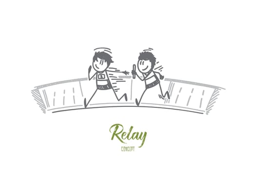 Relay concept. Hand drawn relay race handing over from one player to another. Process of game isolated vector illustration.