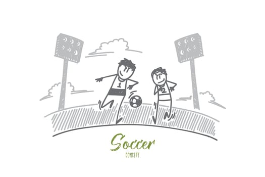 Soccer concept. Hand drawn soccer players in action on the stadium. Football game isolated vector illustration.