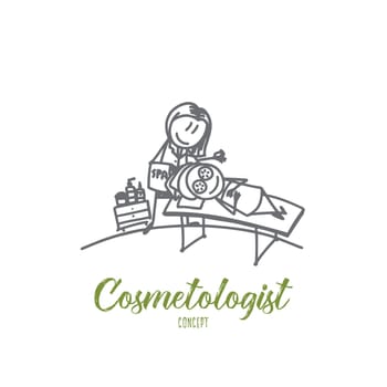 Cosmetologist concept. Hand drawn skillful cosmetologist makes the procedure of skin on female. Cosmetologist and patient isolated vector illustration.