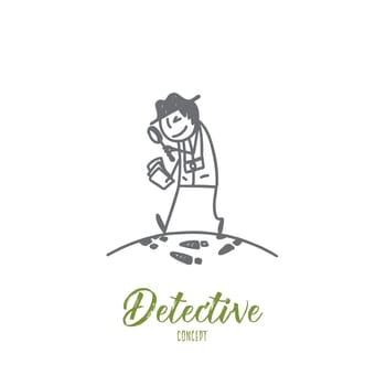 Detective concept. Hand drawn detective man doing criminal investigation. Person with lens symbol of detective isolated vector illustration.