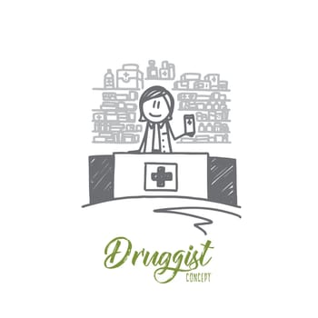 Druggist concept. Hand drawn male pharmacist dispensing medicine. Druggist holding a box of tablets isolated vector illustration.