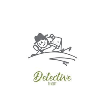 Detective concept. Hand drawn detective with magnifier lens doing criminal investigation. Man with lens looking for evidence isolated vector illustration.