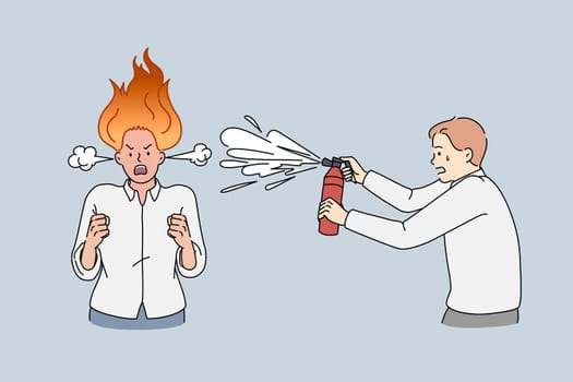 Furious business lady burning and shouting. Vector concept illustration of anger lady with fire on head sprayed by man with fire extinguisher.
