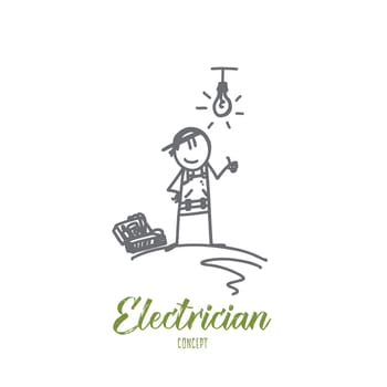 Electrician concept. Hand drawn electrician doing his work. Worker repairs the electricity isolated vector illustration.