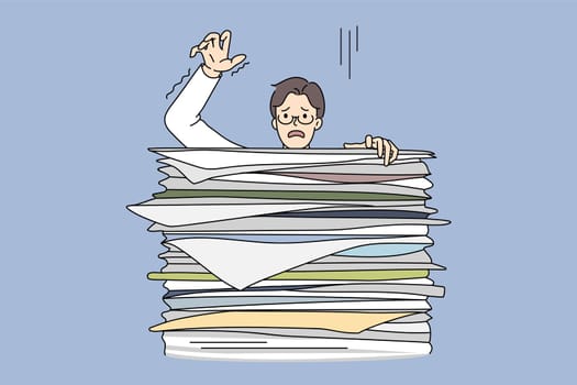 Learning boy behind huge stack of exam books. Vector concept illustration of exhausted student preparing for exams and falling of books pile.