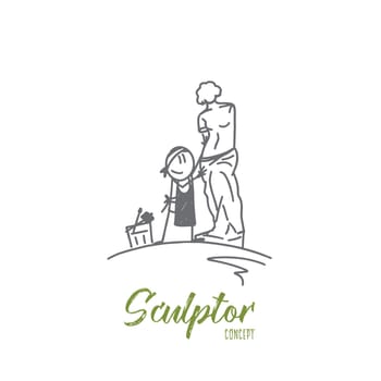 Sculptor concept. Hand drawn sculptor cuts stone sculpture. Smiling person makes art work from stone isolated vector illustration.