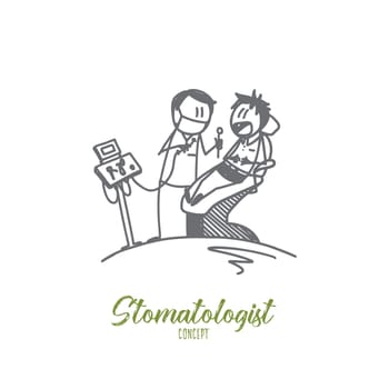 Stomatologist concept. Hand drawn dentist with happy patient at clinic. Chair in the dentist's office isolated vector illustration.