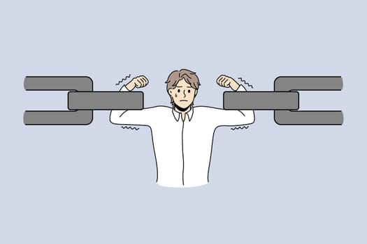 Businessman in chain solving supply industrial problem. Vector concept illustration of manager role and support in management suppling process.