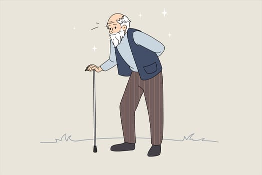 Hand drawn vector illustration of senior man with walking stick. Senior retirement. Walking old man. Vector illustration with abstract background
